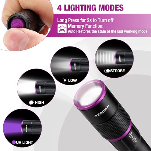EverBrite Rechargeable Pen Flashlight with UV Light and White Light, 395nm Black Flashlight with Clip, Zoomable 4 Modes with Memory Function, USB C Cable, for Camping, Emergency, Pet Urine Detection - Image 2