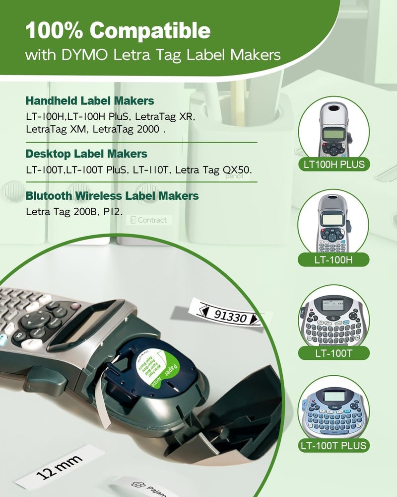 AONOMI Compatible Label Tape Replacement for DYMO Letratag Refills 91330 10697 Self-Adhesive Paper LT Tape for DYMO LetraTag Plus LT-100T LT-100H QX50 Label Maker, 1/2 Inch x 13 Feet, 5-Pack - Image 3