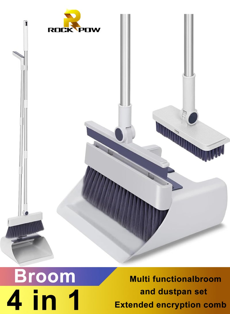 Rock Pow Broom with Dustpan Combo Set, 4 in 1 Multifunctional Broom and Dustpan with 52" Long Handle, Concealed Squeegee and Cleaning Brush, for Clean Home Kitchen Bathroom Office, Indoor Outdoor Floor - Image 1