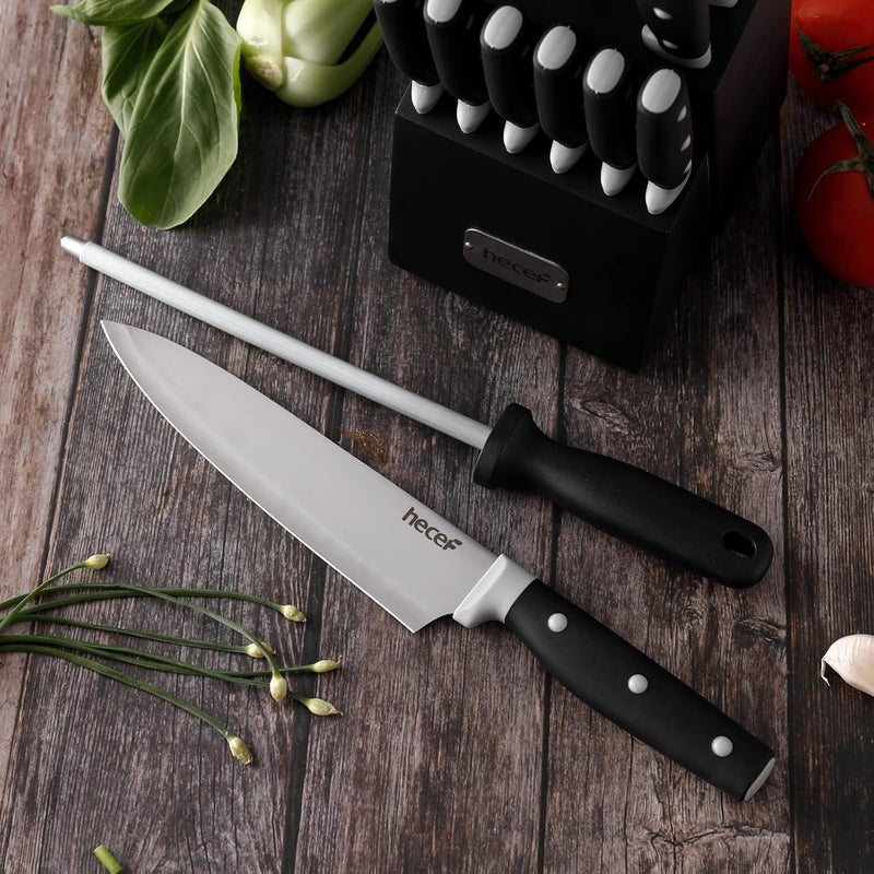 hecef Kitchen Knife Block Set, 14 Pieces Knife Set with Wooden Block & Sharpener Steel & All-purpose Scissors, High Carbon Stainless Steel Cutlery Set (Black) - Image 4