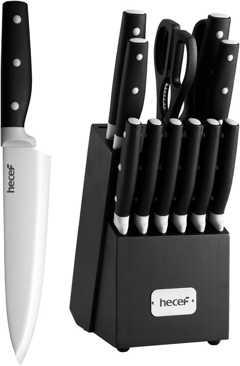 hecef Kitchen Knife Block Set, 14 Pieces Knife Set with Wooden Block & Sharpener Steel & All-purpose Scissors, High Carbon Stainless Steel Cutlery Set (Black) - Image 1