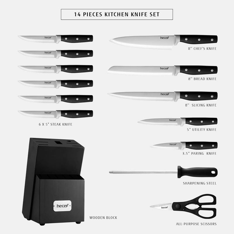 hecef Kitchen Knife Block Set, 14 Pieces Knife Set with Wooden Block & Sharpener Steel & All-purpose Scissors, High Carbon Stainless Steel Cutlery Set (Black) - Image 2
