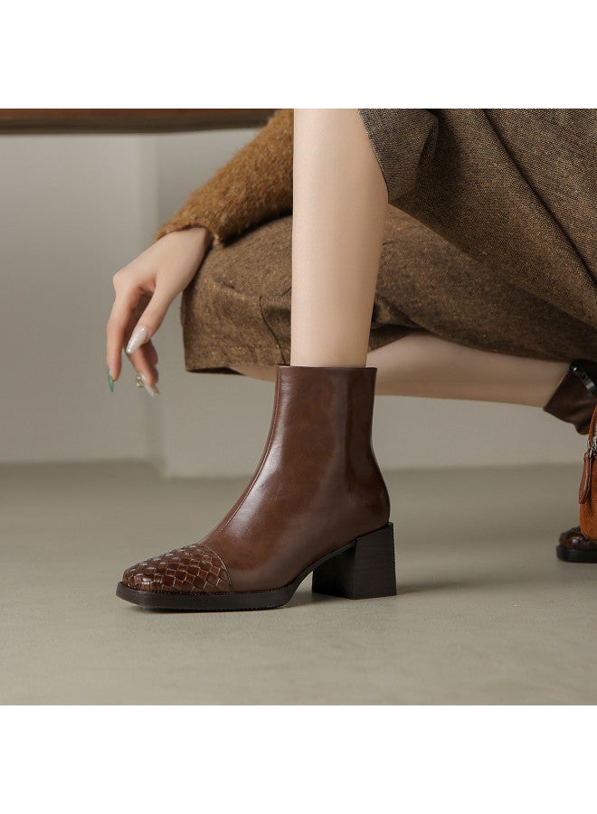 AME Fashion Stylish Ankle Boots 2025 Autumn Winter New Woven Patch Design Chunky Heel Slimming Boots For Women Commute - Image 3