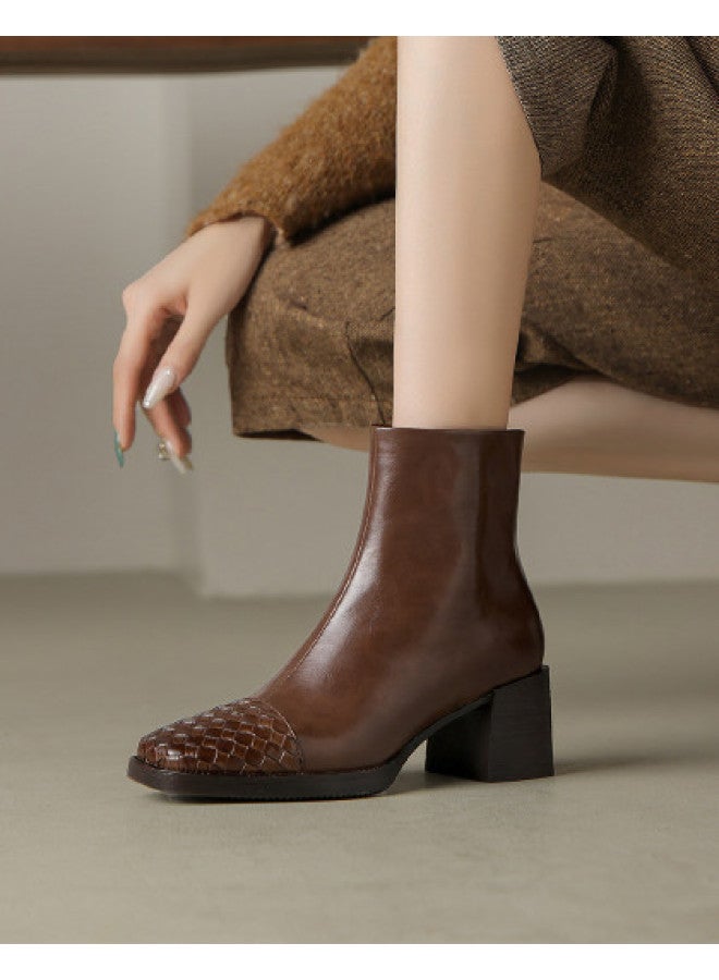 AME Fashion Stylish Ankle Boots 2025 Autumn Winter New Woven Patch Design Chunky Heel Slimming Boots For Women Commute - Image 1