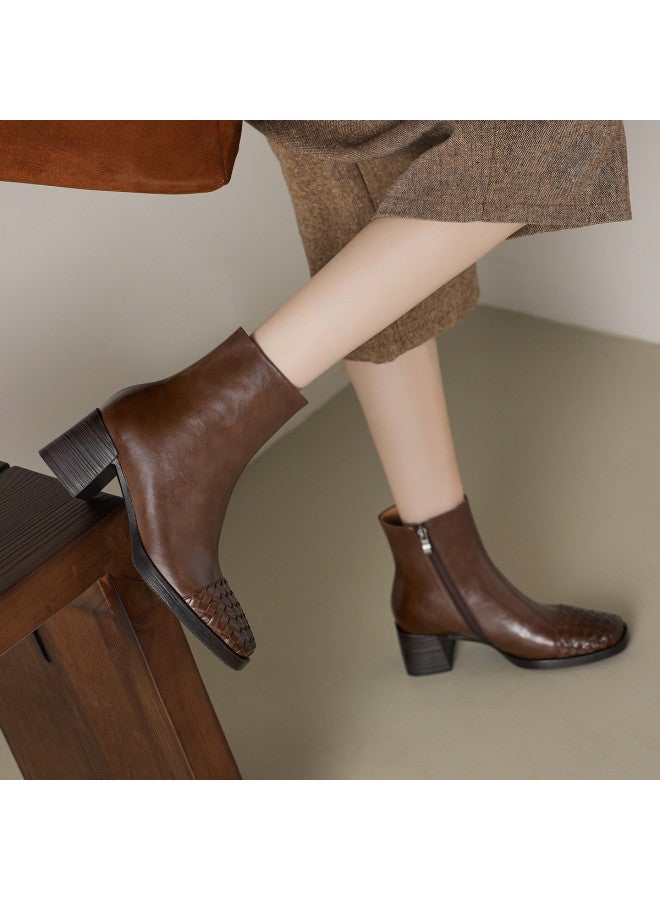 AME Fashion Stylish Ankle Boots 2025 Autumn Winter New Woven Patch Design Chunky Heel Slimming Boots For Women Commute - Image 4