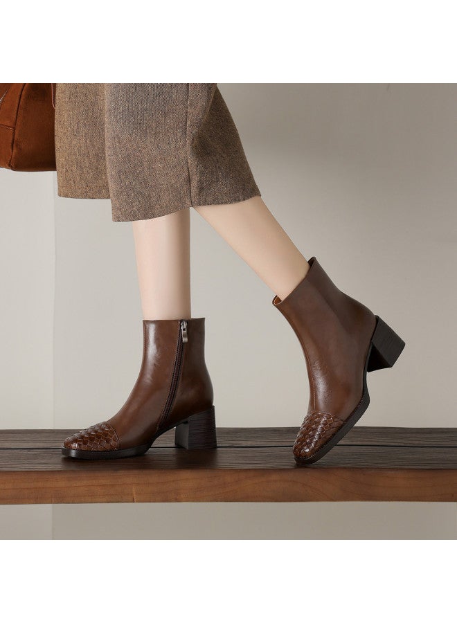 AME Fashion Stylish Ankle Boots 2025 Autumn Winter New Woven Patch Design Chunky Heel Slimming Boots For Women Commute - Image 2