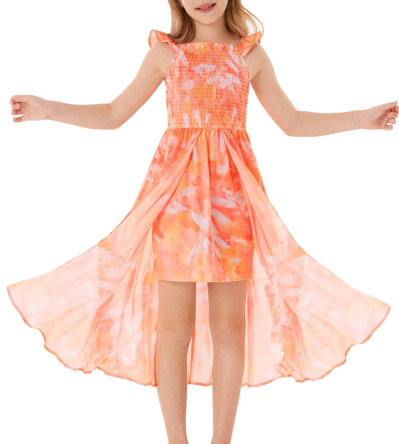 GRACE KARIN Girls Summer Dress Orange Floral Spring Casual Maxi Hawaiian Vacation Dresses Size 8-10 - Image 1