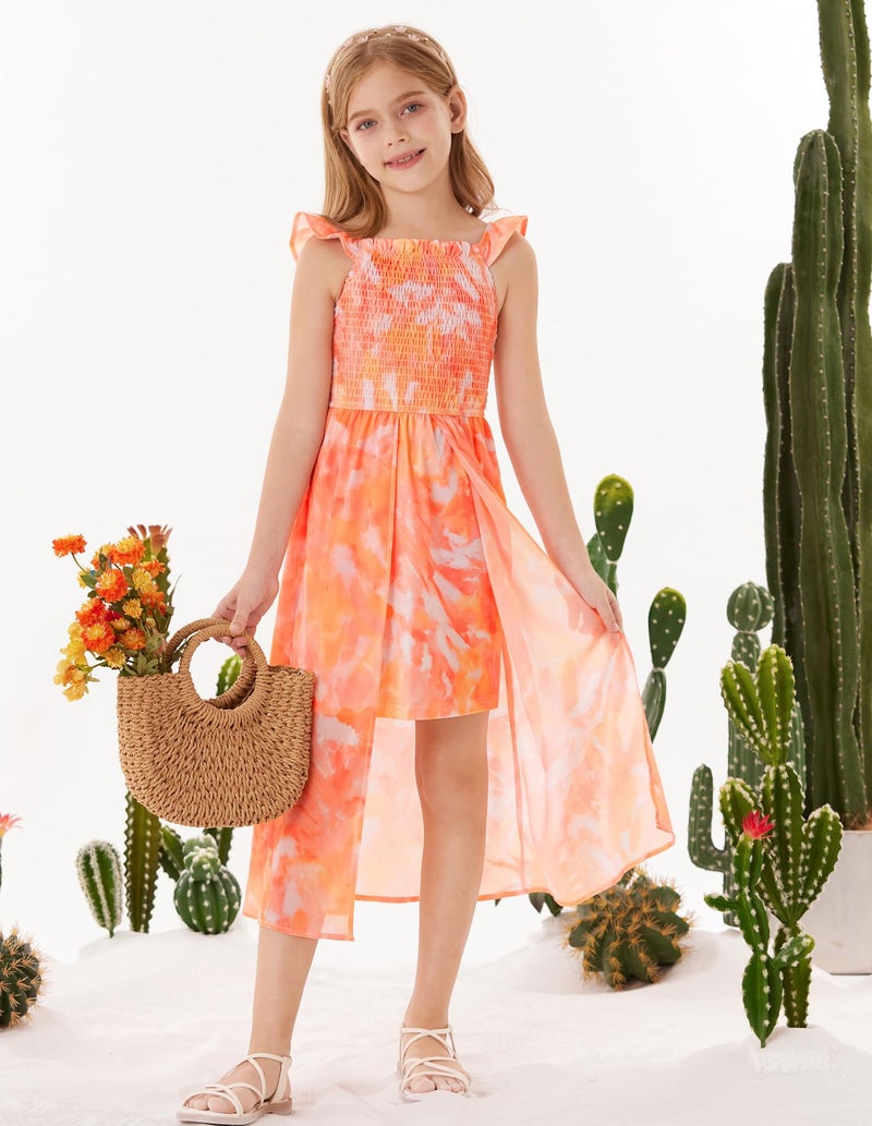 GRACE KARIN Girls Summer Dress Orange Floral Spring Casual Maxi Hawaiian Vacation Dresses Size 8-10 - Image 4