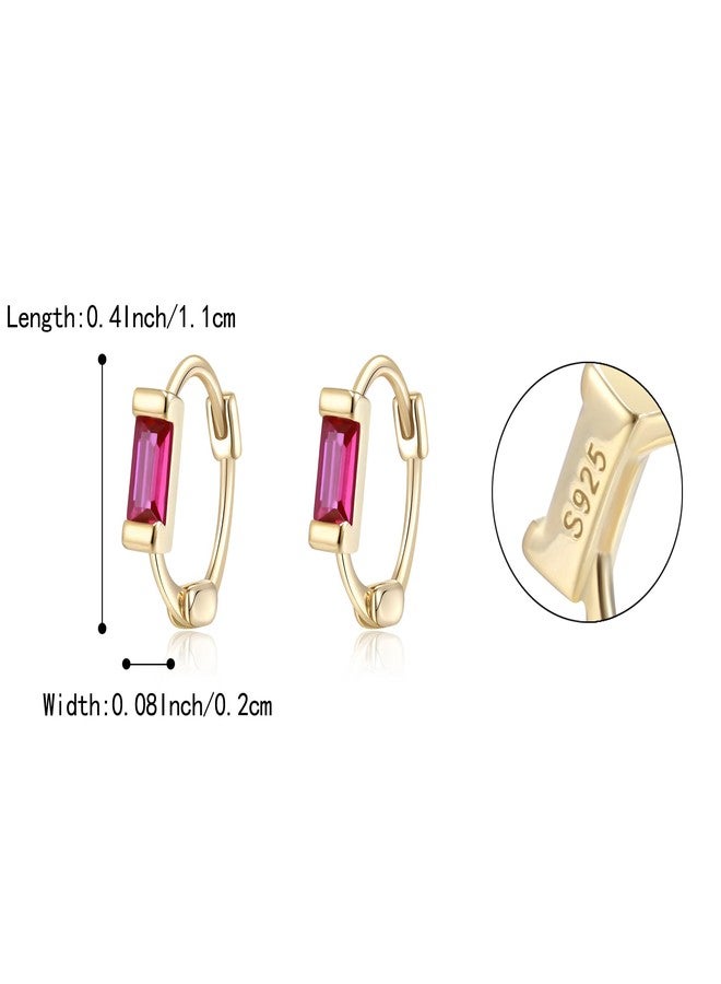 BriLove 925 Sterling Silver Small Dainty Birthstone Hoop Earrings for Women, Gorgeous Emerald Cut Crystal Huggie Dangle Earring Birthday Everyday Wear Hot Pink Gold-Tone - Image 5