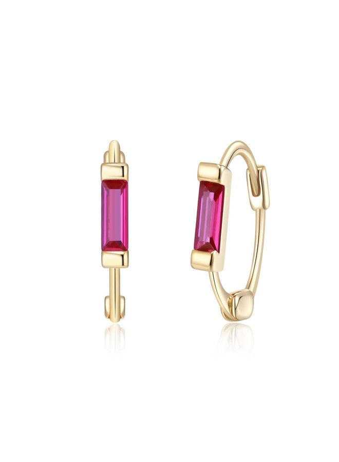 BriLove 925 Sterling Silver Small Dainty Birthstone Hoop Earrings for Women, Gorgeous Emerald Cut Crystal Huggie Dangle Earring Birthday Everyday Wear Hot Pink Gold-Tone - Image 1