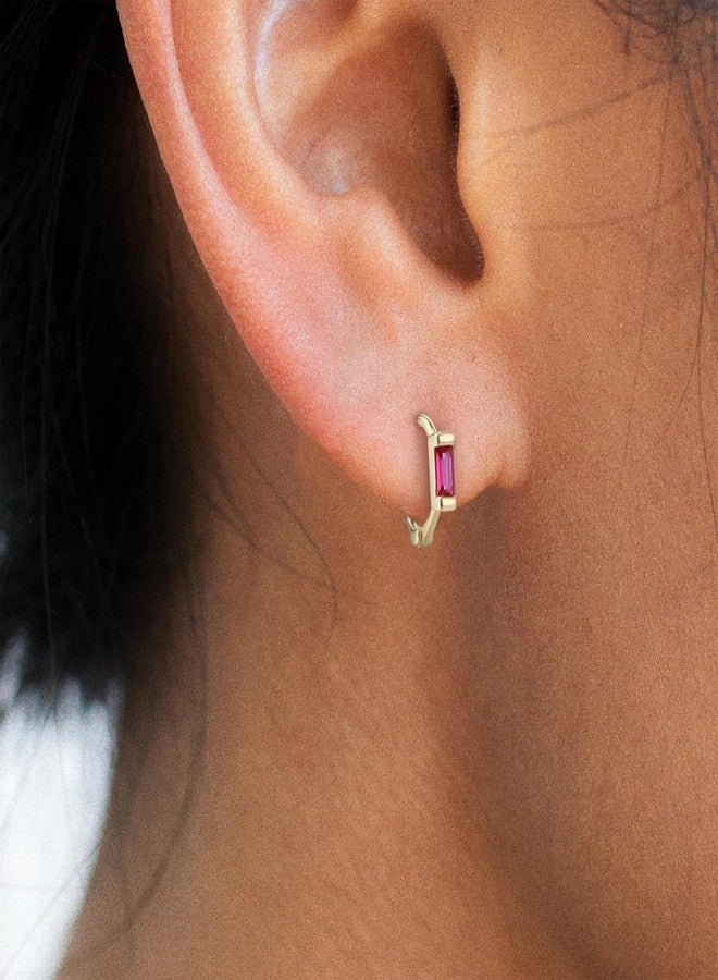 BriLove 925 Sterling Silver Small Dainty Birthstone Hoop Earrings for Women, Gorgeous Emerald Cut Crystal Huggie Dangle Earring Birthday Everyday Wear Hot Pink Gold-Tone - Image 2