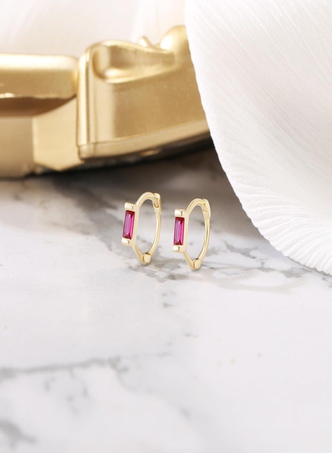 BriLove 925 Sterling Silver Small Dainty Birthstone Hoop Earrings for Women, Gorgeous Emerald Cut Crystal Huggie Dangle Earring Birthday Everyday Wear Hot Pink Gold-Tone - Image 4