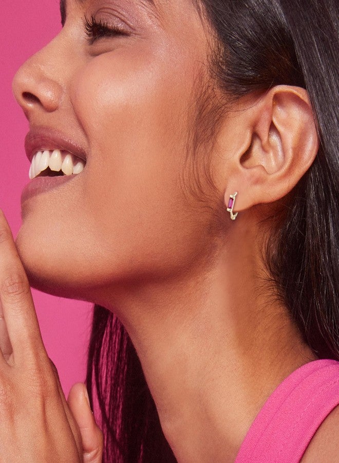 BriLove 925 Sterling Silver Small Dainty Birthstone Hoop Earrings for Women, Gorgeous Emerald Cut Crystal Huggie Dangle Earring Birthday Everyday Wear Hot Pink Gold-Tone - Image 3