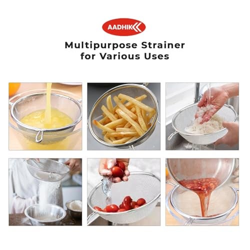 AADHIK Stainless Steel Strainer Big Size 32cm for Soup, Rice, Juice, Vegetable and Fruit Washing, Multipurpose Channi with Handle (Set of 1) - Image 3