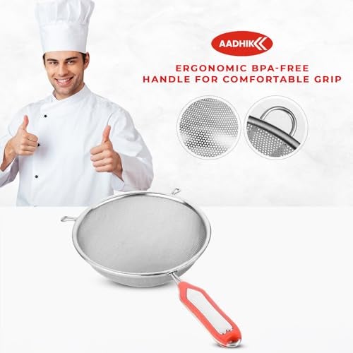 AADHIK Stainless Steel Strainer Big Size 32cm for Soup, Rice, Juice, Vegetable and Fruit Washing, Multipurpose Channi with Handle (Set of 1) - Image 4