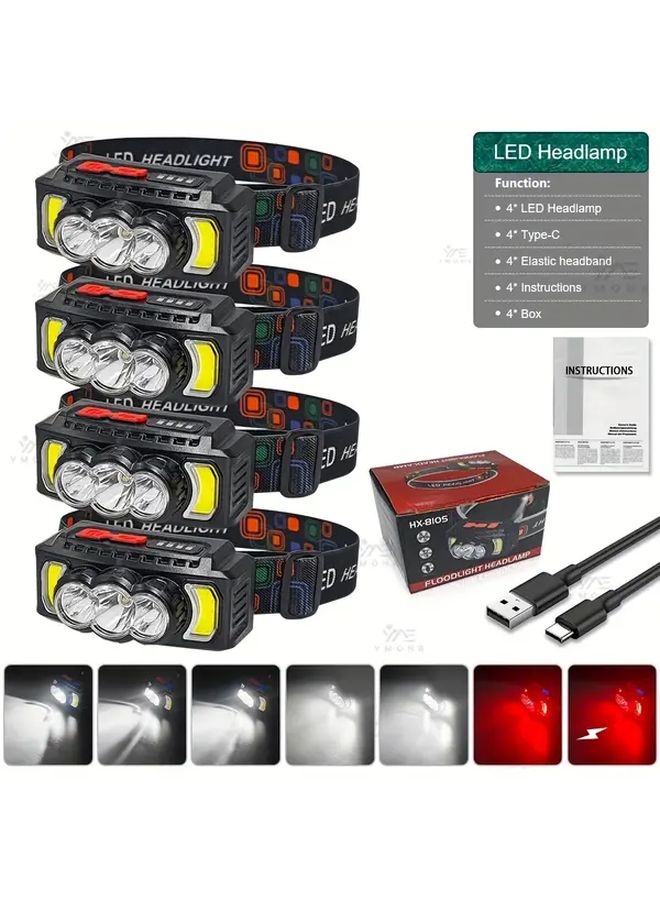 4Pcs Black Multi Function LED Headlamp USB Rechargeable 7 Modes 180 Adjustable for Camping - Image 1