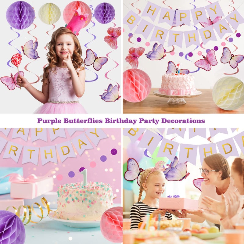 meowtastic Birthday Decorations, Happy Birthday Banner with Honeycomb Balls, Butterfly Hanging Swirl Streamers, Circle Dots Garland, Happy Birthday Party Decorations for Women Men Boys Girls (Purple) - Image 4