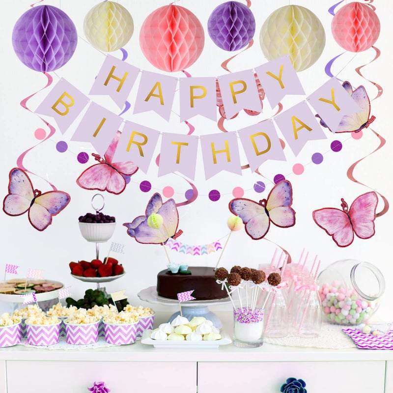 meowtastic Birthday Decorations, Happy Birthday Banner with Honeycomb Balls, Butterfly Hanging Swirl Streamers, Circle Dots Garland, Happy Birthday Party Decorations for Women Men Boys Girls (Purple) - Image 2