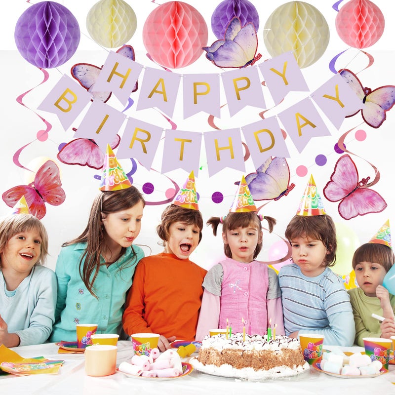 meowtastic Birthday Decorations, Happy Birthday Banner with Honeycomb Balls, Butterfly Hanging Swirl Streamers, Circle Dots Garland, Happy Birthday Party Decorations for Women Men Boys Girls (Purple) - Image 3