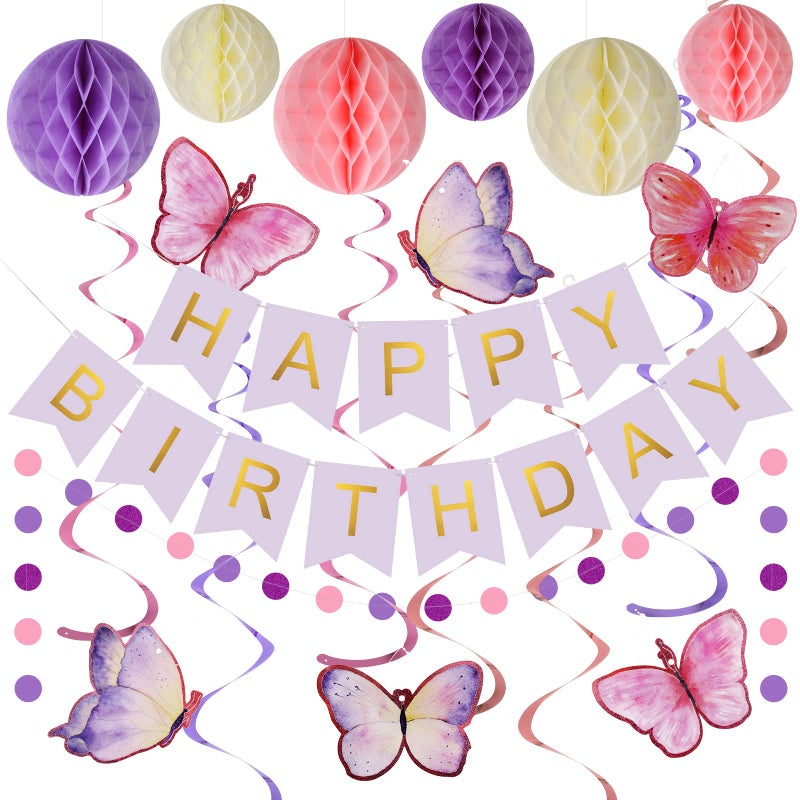 meowtastic Birthday Decorations, Happy Birthday Banner with Honeycomb Balls, Butterfly Hanging Swirl Streamers, Circle Dots Garland, Happy Birthday Party Decorations for Women Men Boys Girls (Purple) - Image 1