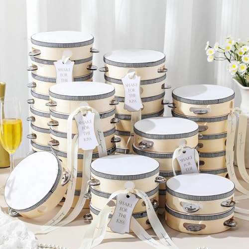 Lukmaa 36 Set 4 inch Wedding Tambourines Bulk for Adults Wooden Hand Held Drum with Metal Jingles, Gift Tags, White Tambourine Gift Musical Instrument for Church Wedding Party Favor - Image 1