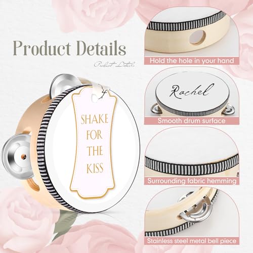 Lukmaa 36 Set 4 inch Wedding Tambourines Bulk for Adults Wooden Hand Held Drum with Metal Jingles, Gift Tags, White Tambourine Gift Musical Instrument for Church Wedding Party Favor - Image 5
