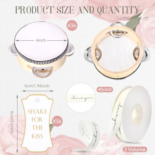 Lukmaa 36 Set 4 inch Wedding Tambourines Bulk for Adults Wooden Hand Held Drum with Metal Jingles, Gift Tags, White Tambourine Gift Musical Instrument for Church Wedding Party Favor - Image 2
