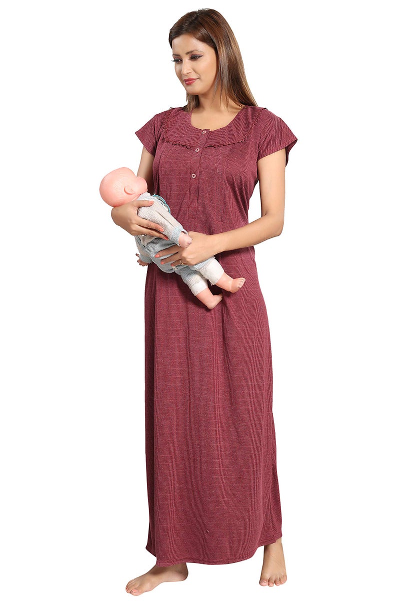 Fabme Women's Cotton Textured Floor Length Nursing Nighty (Maroon_free size_NW0142_Maroon_Free Size) - Image 1