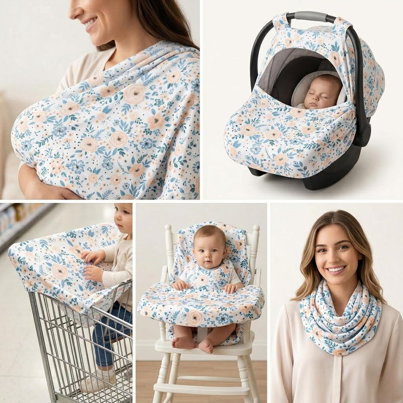 ترتيس غطاء متعدد الاستخدامات 5 في 1 للأطفال والرضع – قماش ناعم ومسامي – نقشة ديناصورات – للرضاعة، مقعد السيارة، عربة التسوق، الكرسي العالي والوشاح | من الولادة - Image 4