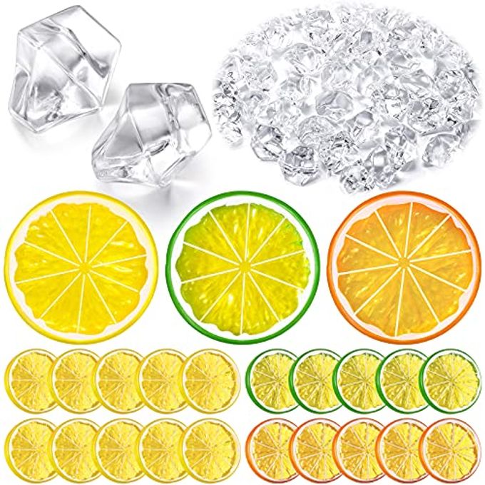300 PIECES CLEAR FAKE CRUSHED ICE CUBES ROCKS AND 20 PIECES SIMULATION LEMON SLICES ARTIFICIAL FRUITS AND ACRYLIC DIAMONDS CLEAR ICE FOR VASE FILLERS TABLE CENTERPIECE DECOR WEDDING 16 X 03 INCH