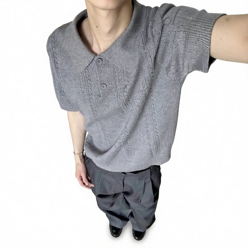 Mens Short Sleeve Knit Polo Shirt with Wheat Jacquard Pattern