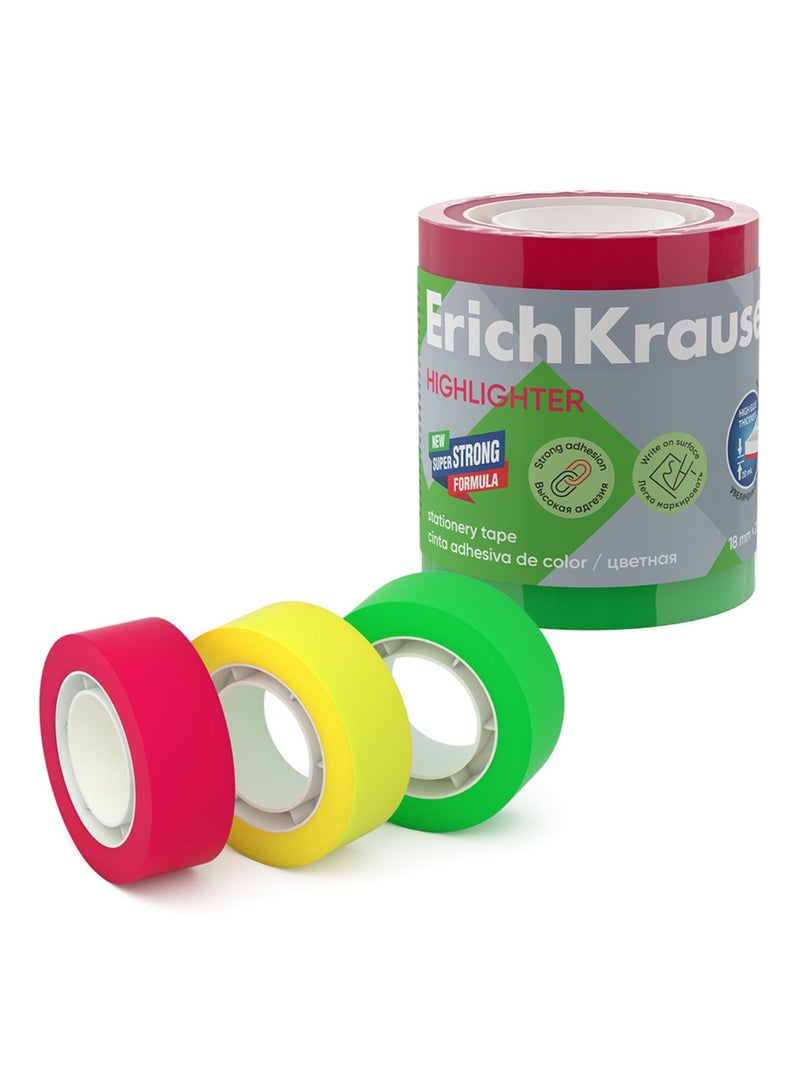 ErichKrause 3-Piece Semi-Transparent Highlighter Tape 18mmx 20 Meter Size Multicolour - Image 1