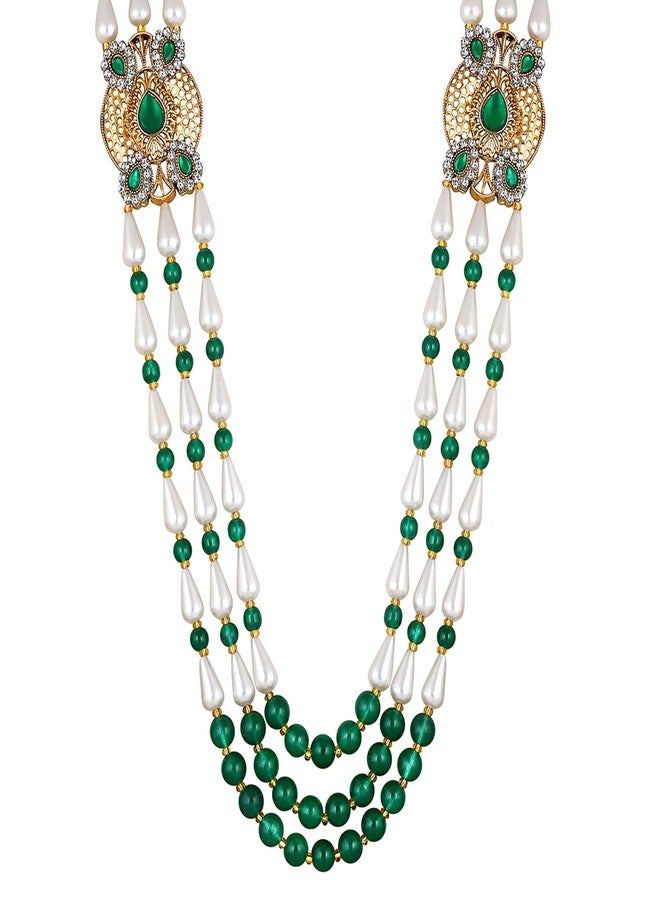 Mahi 3 Layers Green and White Artificial Beads Base Groom/Dulha Mala Moti Haar Necklace for Men (ML1108110GGre) - Image 1