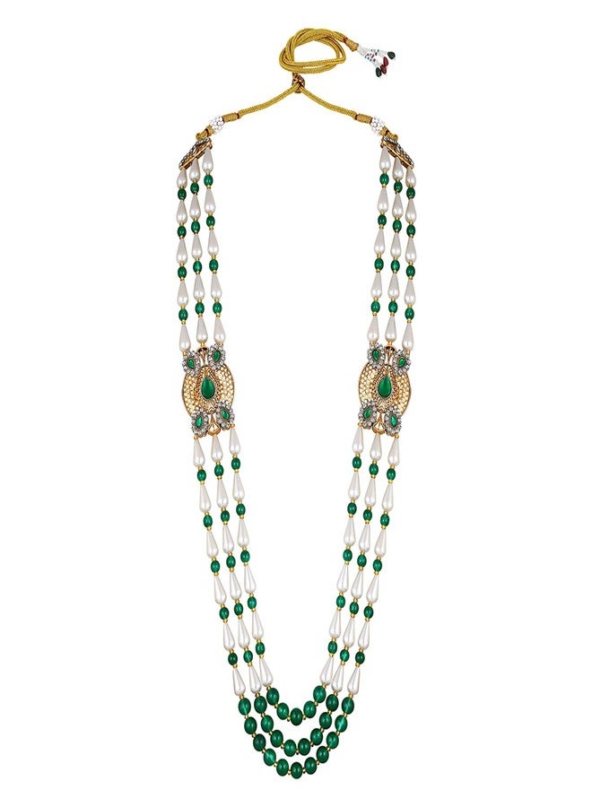 Mahi 3 Layers Green and White Artificial Beads Base Groom/Dulha Mala Moti Haar Necklace for Men (ML1108110GGre) - Image 3