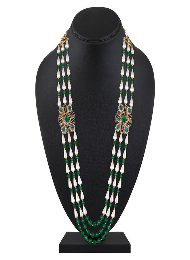 Mahi 3 Layers Green and White Artificial Beads Base Groom/Dulha Mala Moti Haar Necklace for Men (ML1108110GGre) - Image 2
