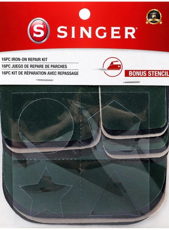 SINGER Iron-On Repair Kit, 16 Assorted Twill Repair Patches