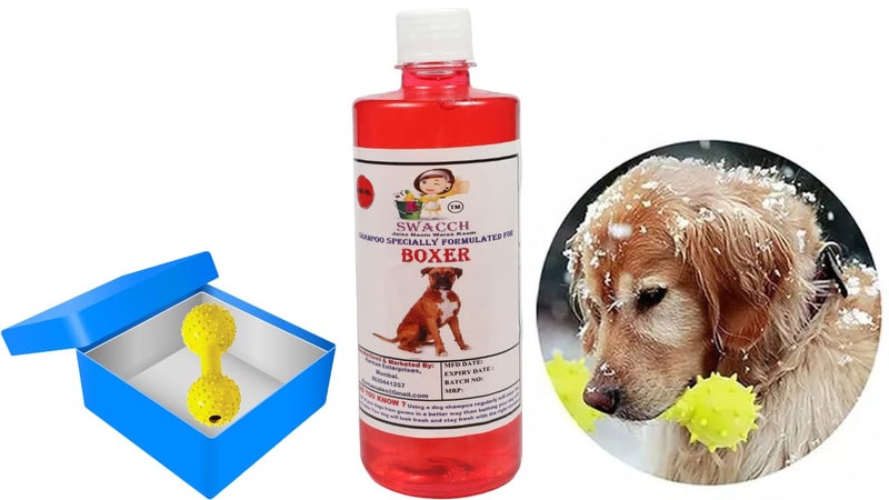 swacch Boxer Dog Shampoo + Dumbbell Toy I Durable Rubber Dog Toy for Chewing I Playing,Teeth Cleaning & Training Toy I Combo Pack I 500ml Jasmine - Image 1