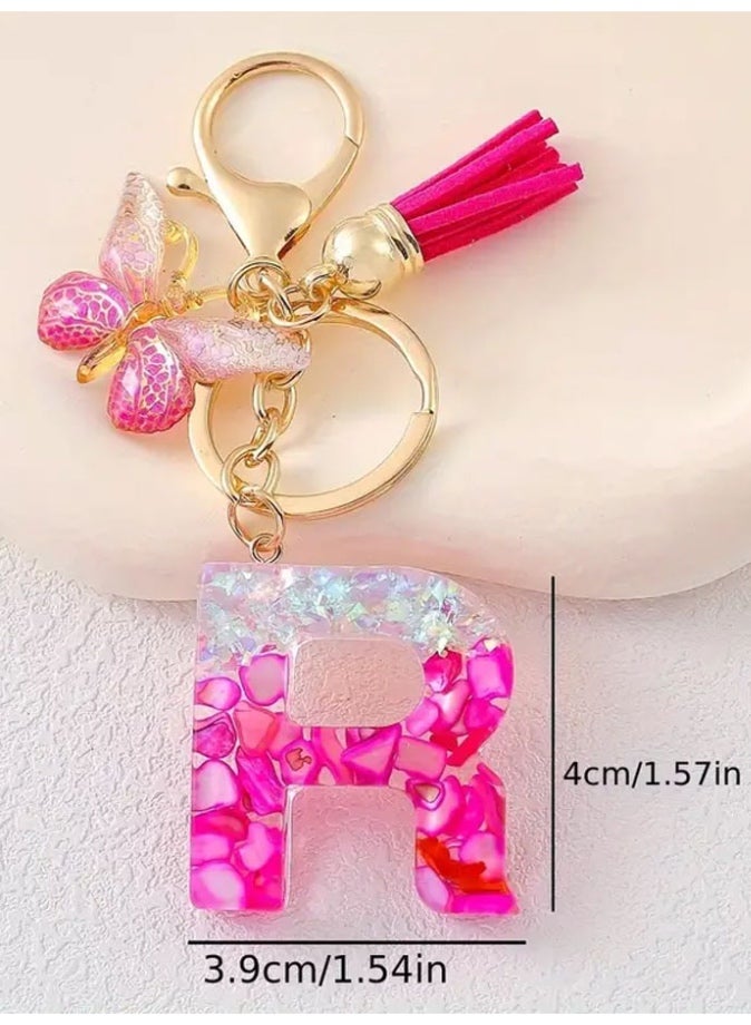 ميدالية مفاتيح مميزة ورائعة من الريزن بتصميم حرف R و لون متدرج مع فراشة مناسبة لمفاتيح السياراة والحقائب - Image 3