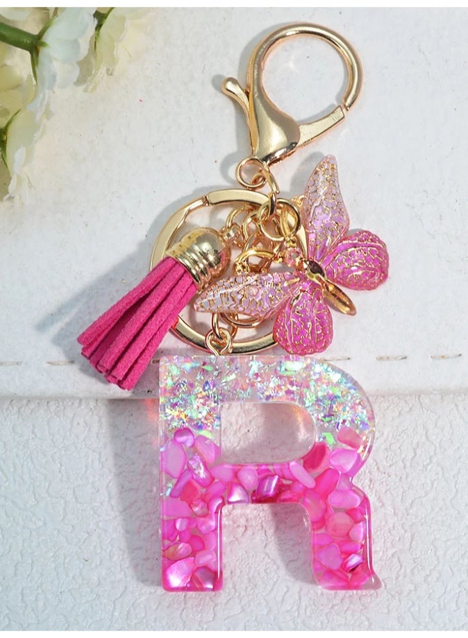 ميدالية مفاتيح مميزة ورائعة من الريزن بتصميم حرف R و لون متدرج مع فراشة مناسبة لمفاتيح السياراة والحقائب - Image 1