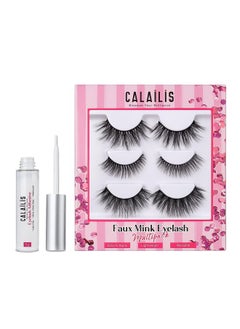 Calailis False Eyelash, Eye Makeup Lash 3D Faux Mink Fake Eyelash Long Natural Eyelashes 3 Pairs With 5G False Eyelash Glue (Cs191)… Black  - Image 1