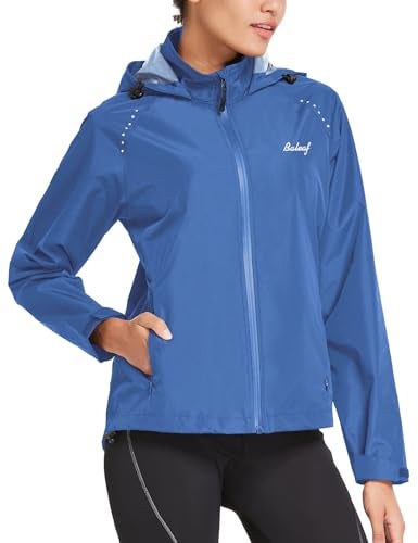 baleaf Women's Running Rain Jackets Waterproof Hooded Windbreaker Packable Lightweight Cycling Jacket Reflective Dark Blue L - Image 2