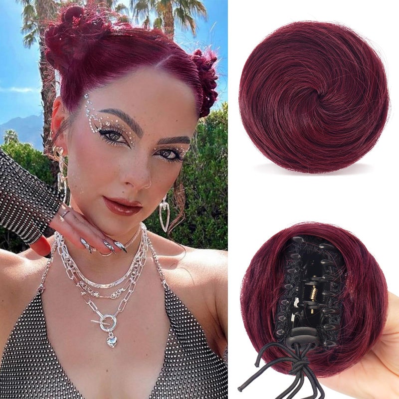 SOFEIYAN 2PCS Mini Claw Clip in Hair Bun Messy Cat Ears Hair Bun Extension Synthetic Donut Wig Accessory Updo Space Bun Hair Pieces for Women Girls Burgundy