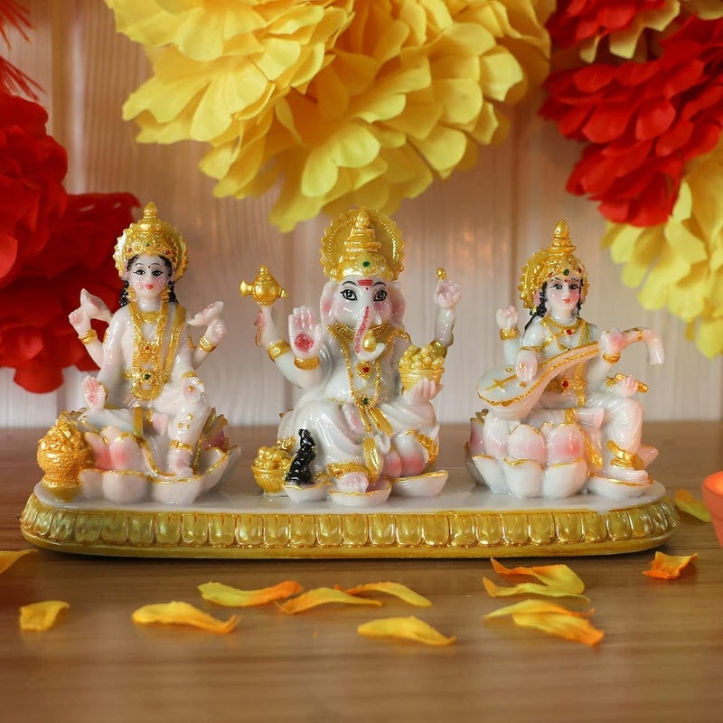 alikiki Indian Laxmi Ganesh Saraswati Statue - 3.9”H Small Marble Look Lakshmi Ganesha Idol Sculpture for Car Dashboard Hindu Temple Office Home Mandir Pooja Item Diwali Murti Puja Gifts - Image 2