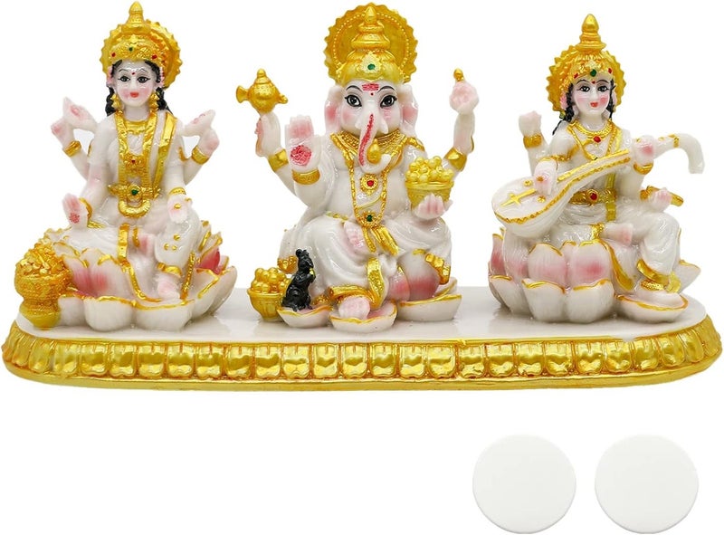 alikiki Indian Laxmi Ganesh Saraswati Statue - 3.9”H Small Marble Look Lakshmi Ganesha Idol Sculpture for Car Dashboard Hindu Temple Office Home Mandir Pooja Item Diwali Murti Puja Gifts - Image 1
