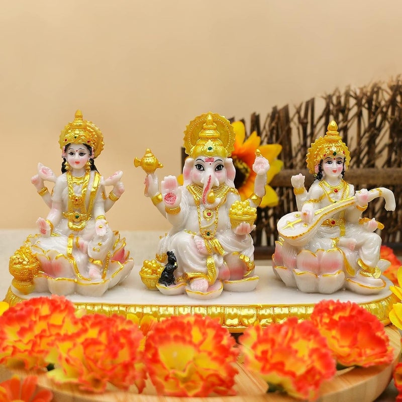 alikiki Indian Laxmi Ganesh Saraswati Statue - 3.9”H Small Marble Look Lakshmi Ganesha Idol Sculpture for Car Dashboard Hindu Temple Office Home Mandir Pooja Item Diwali Murti Puja Gifts - Image 4
