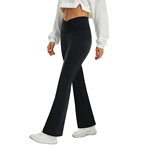 FireSwan Womens Crossover Flare Leggings with Pockets Bootcut High Waisted Yoga Pants Tummy Control Gym Workout Work Pants Black - Image 2