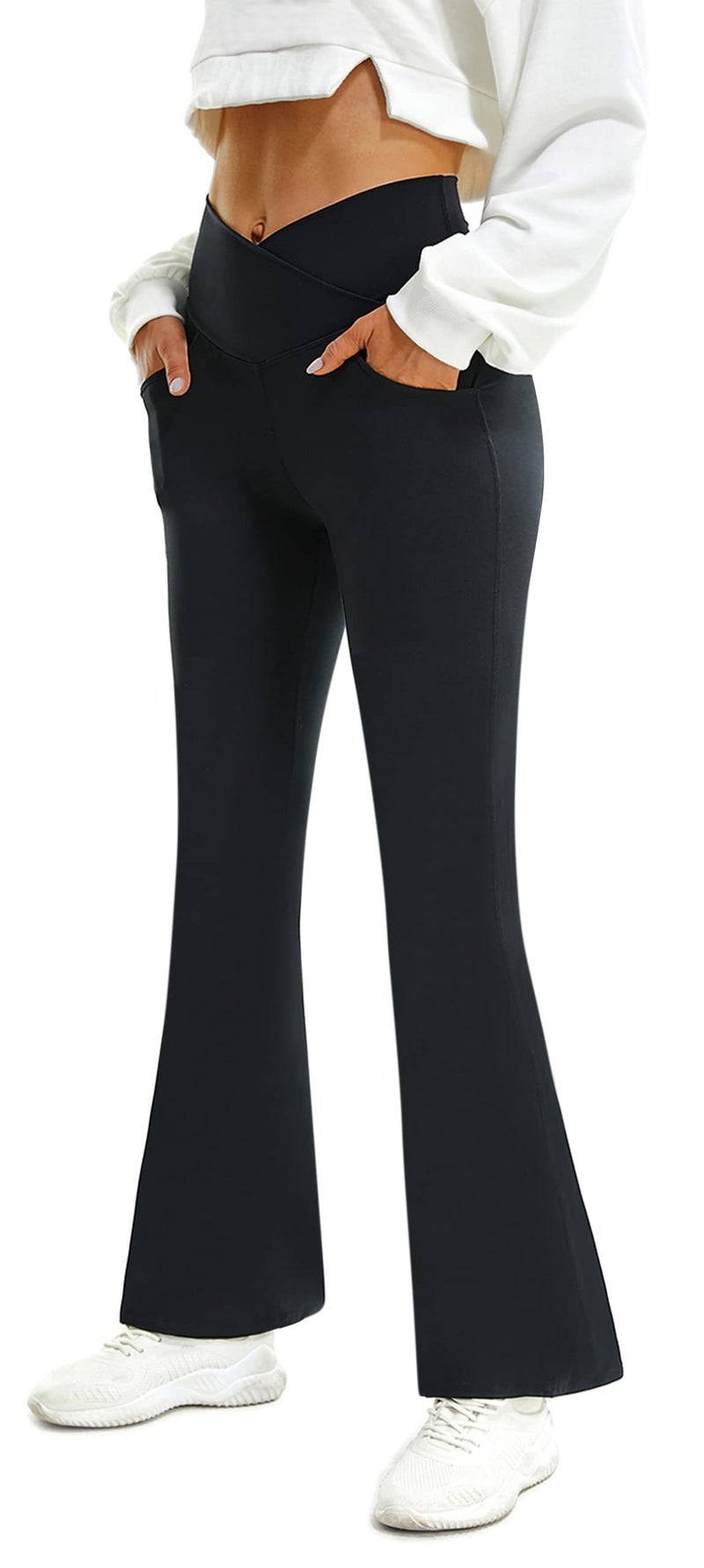FireSwan Womens Crossover Flare Leggings with Pockets Bootcut High Waisted Yoga Pants Tummy Control Gym Workout Work Pants Black - Image 5