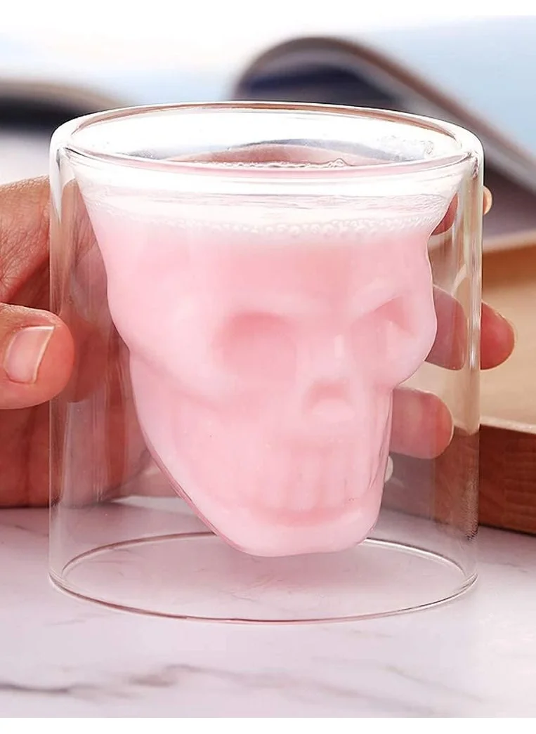 1Chase Double Layer Crystal Skull Head Glass For Coffee,Tea,Milk,Juice,Cold Drink 250 ML Set Of 4