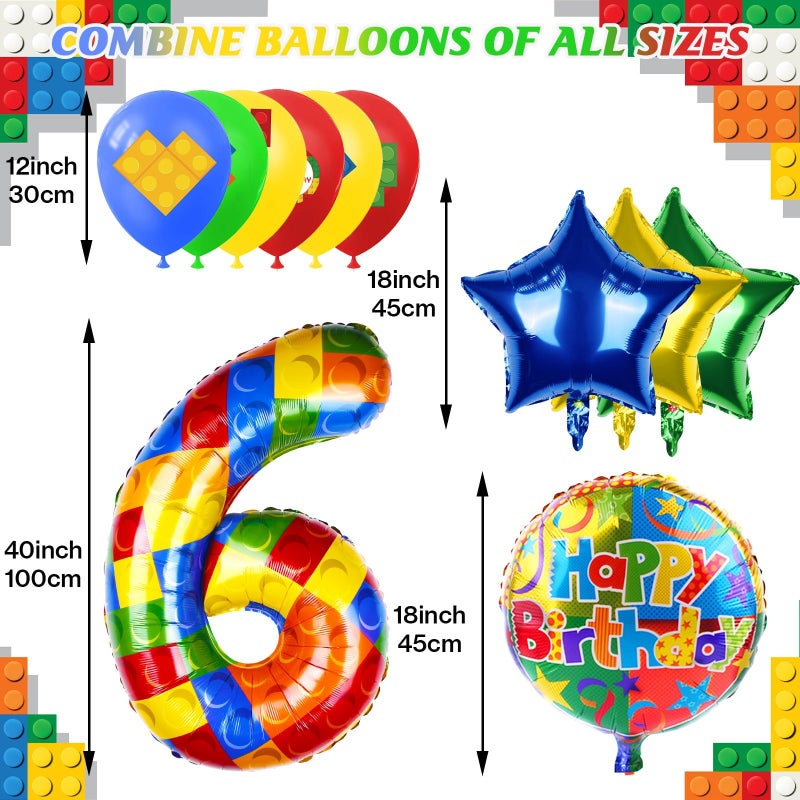 AXBMM 40 Inch Building Block Number Balloon, Colorful Number Block Foil Balloons Large Big Numbers Helium Balloon for Girls Boys 6th Birthday Brick Theme Party Decorations (Number 6) - Image 2