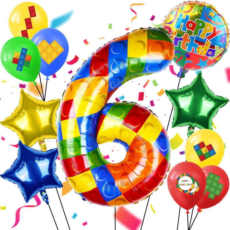 AXBMM 40 Inch Building Block Number Balloon, Colorful Number Block Foil Balloons Large Big Numbers Helium Balloon for Girls Boys 6th Birthday Brick Theme Party Decorations (Number 6) - Image 1